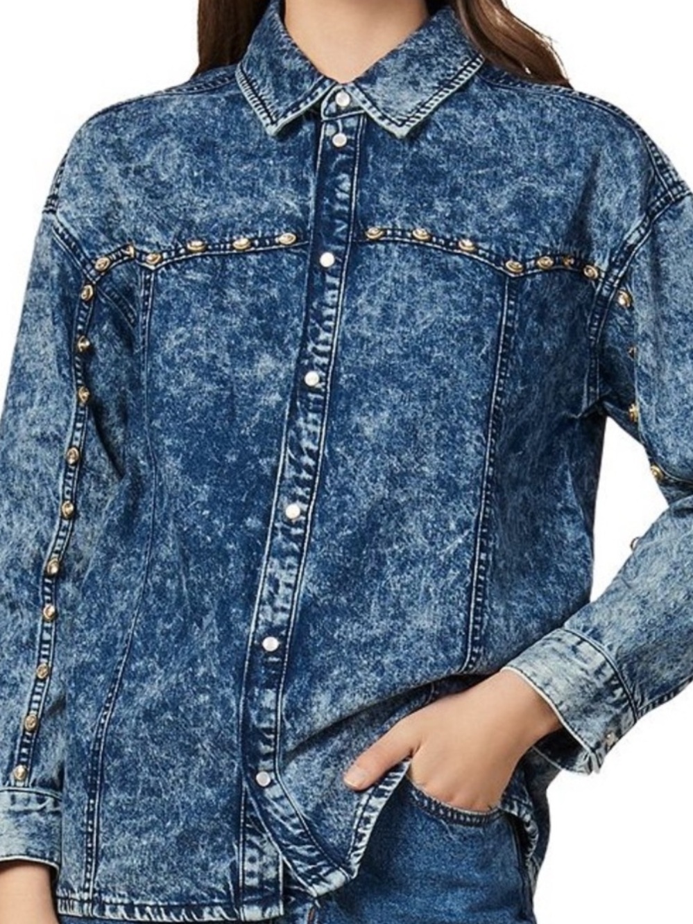 Sandro Blue Acid-Wash Studded Denim Shirt